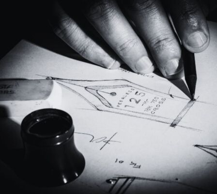 Hand holding a pen over a technical drawing with a magnifying glass nearby.