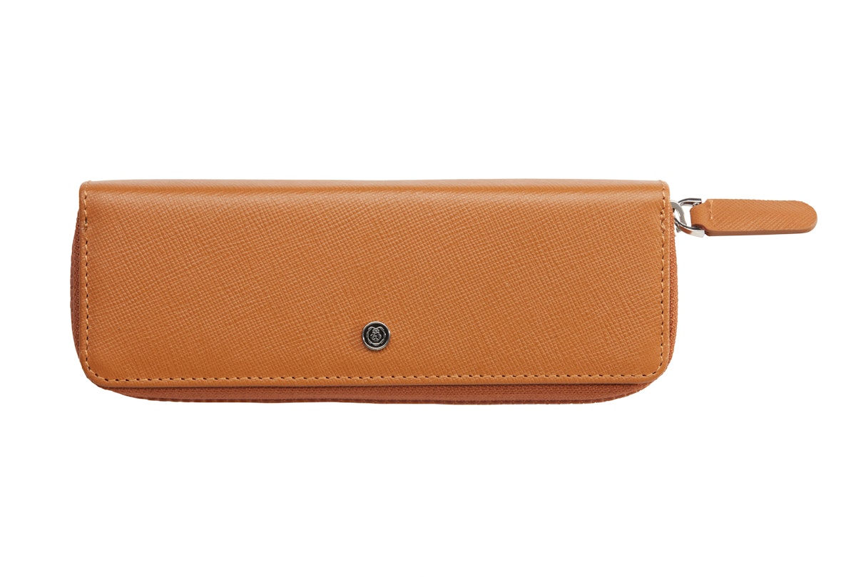 Brown leather wallet with a zipper on a white background